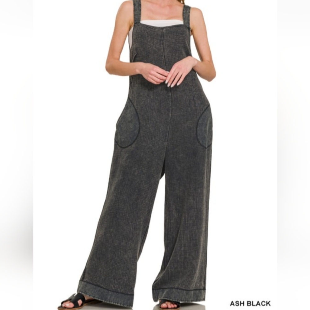 ZENANA Medium -Women's Ash Black Denim Overalls